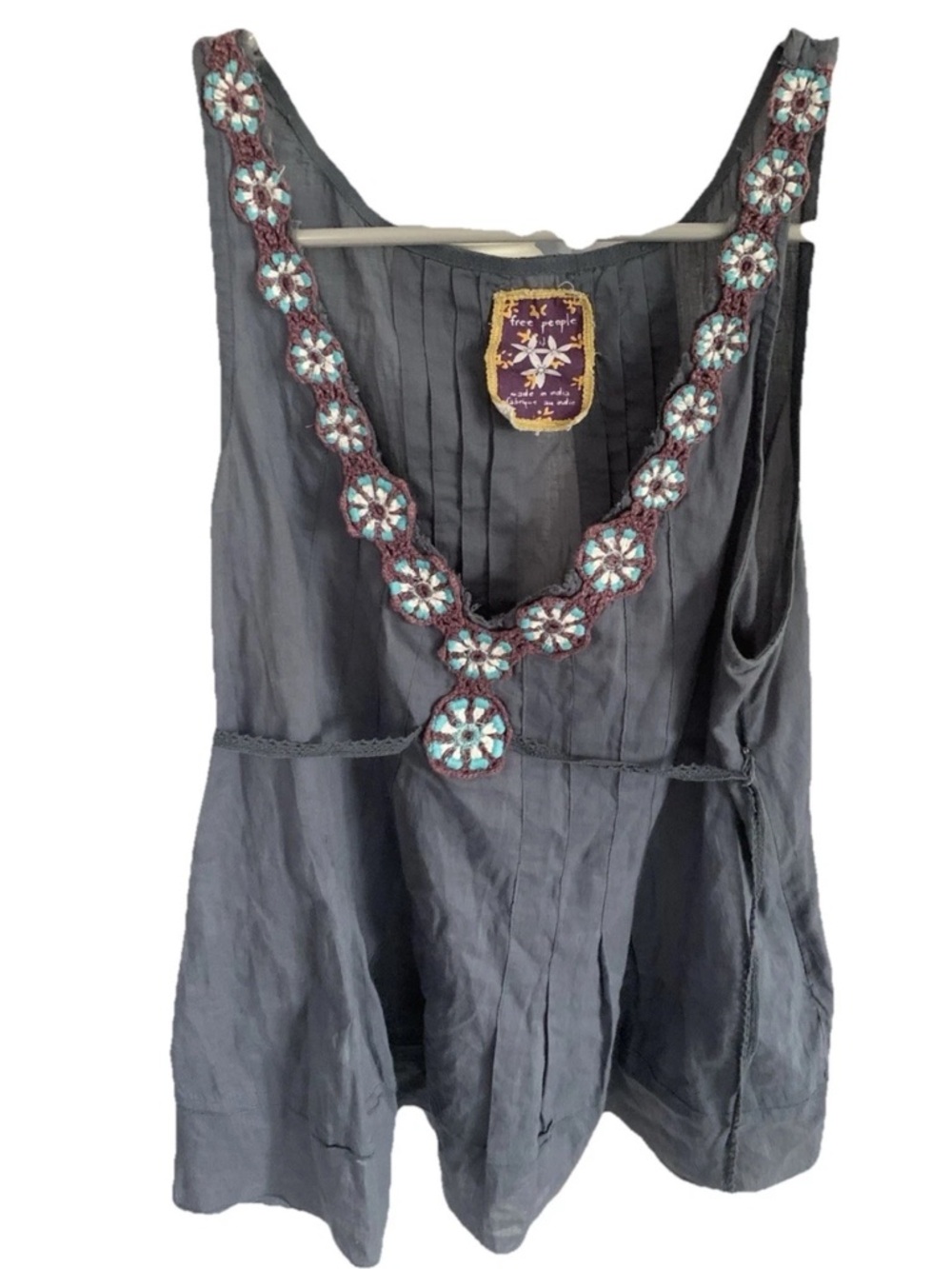 Free People Charcoal Gray Sleeveless Top with Brown and Teal Crochet Trim